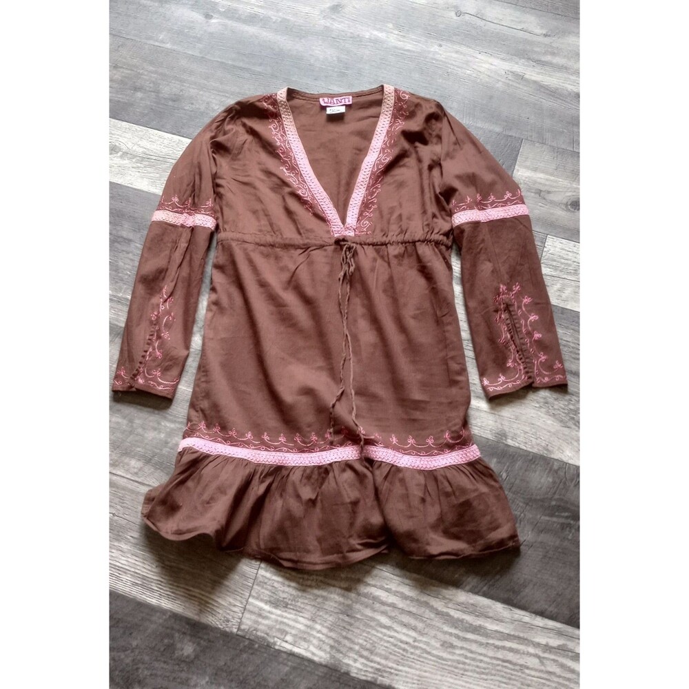 Want Women's S Brown/Pink 100% Cotton Vintage Flower Child Style Mini Dress
